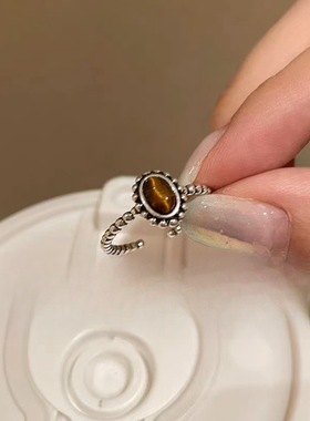 02720欧美亚马逊简约复古虎眼石戒指设计感INS个性百搭小众指环