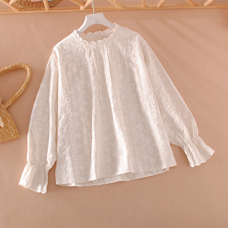 文艺范复古纯棉布刺绣花套头衬衫立领高端衬衣长袖2025新款小衫春
