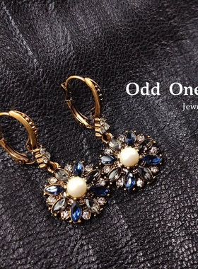 Odd One 复古做旧宫廷风蓝灰色系水钻气质花盘耳饰耳环