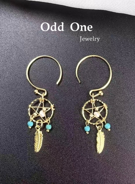 Odd One 14K包金大耳钩民族风羽毛手工捕梦网耳环耳饰