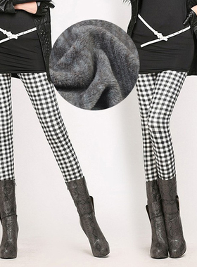 外穿打底裤女加绒加厚修身秋冬季高腰黑白格子紧身保暖铅笔长棉裤