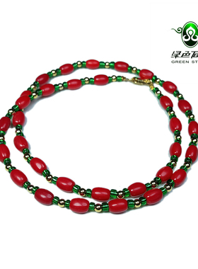 实物拍照wp1292 不还价 清代牛血红色雪巴琉璃老珠锁骨项链