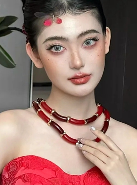 水舞D1165 气质红色竹节不规则串珠新娘项链个性潮流颈链礼服配饰