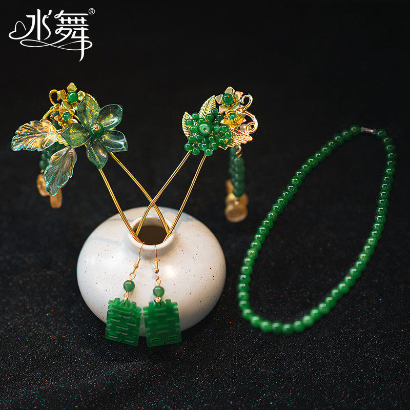 水舞U1385 新款绿色仿真玉石发钗古装龙凤褂汉服头饰新娘秀禾配饰高性价比高么？