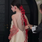 水舞U2073 康康老师同款 小众红色蕾丝花边绑绳新娘头饰婚纱配饰