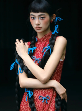 水舞U2236 小众新中式手工蓝色棉绳蝴蝶结边夹装饰新娘头饰配饰