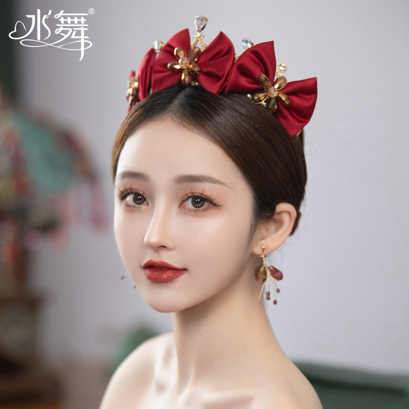 水舞a4748 手工森系蝴蝶结新娘皇冠头饰红色串珠敬酒服发饰配饰