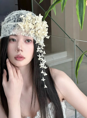 水舞B3088 网红森系新娘帽子头饰手工花朵白色镂空包头发帽配饰