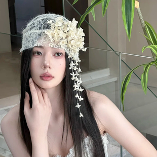 水舞B3088 网红森系新娘帽子头饰手工花朵白色镂空包头发帽配饰