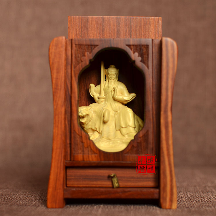 黄杨木雕张天师像随身木龛小佛盒迷你神堂佛堂精雕工艺品