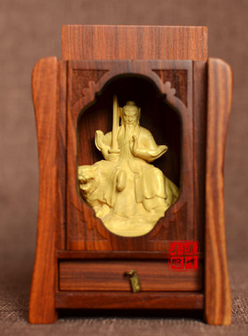 黄杨木雕张天师像随身木龛小佛盒迷你神堂佛堂精雕工艺品