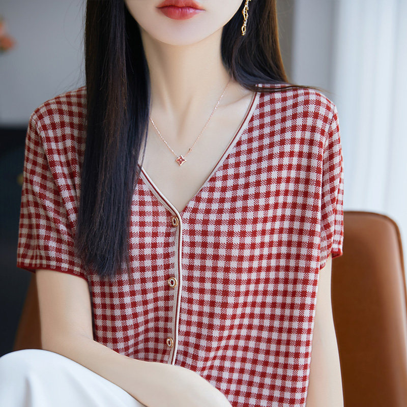 100%莱赛尔天丝格子拼色短袖开衫