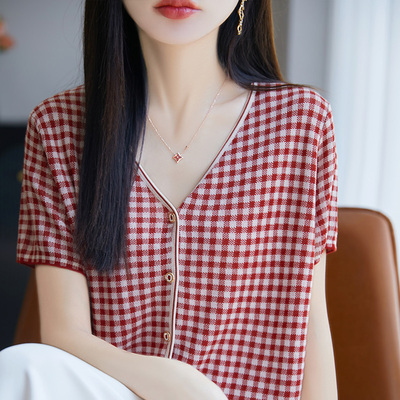 100%莱赛尔天丝格子拼色短袖开衫