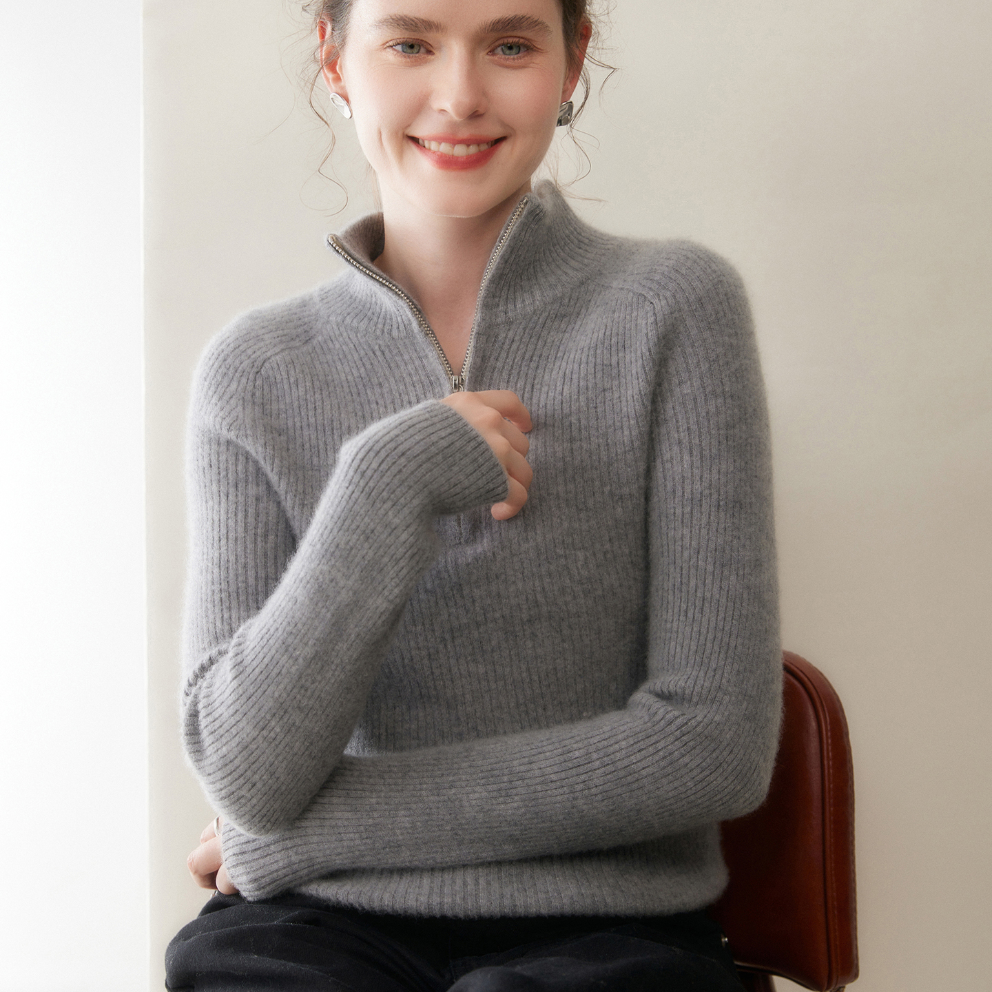 半高领拉链加厚山羊绒衫坑条毛衣