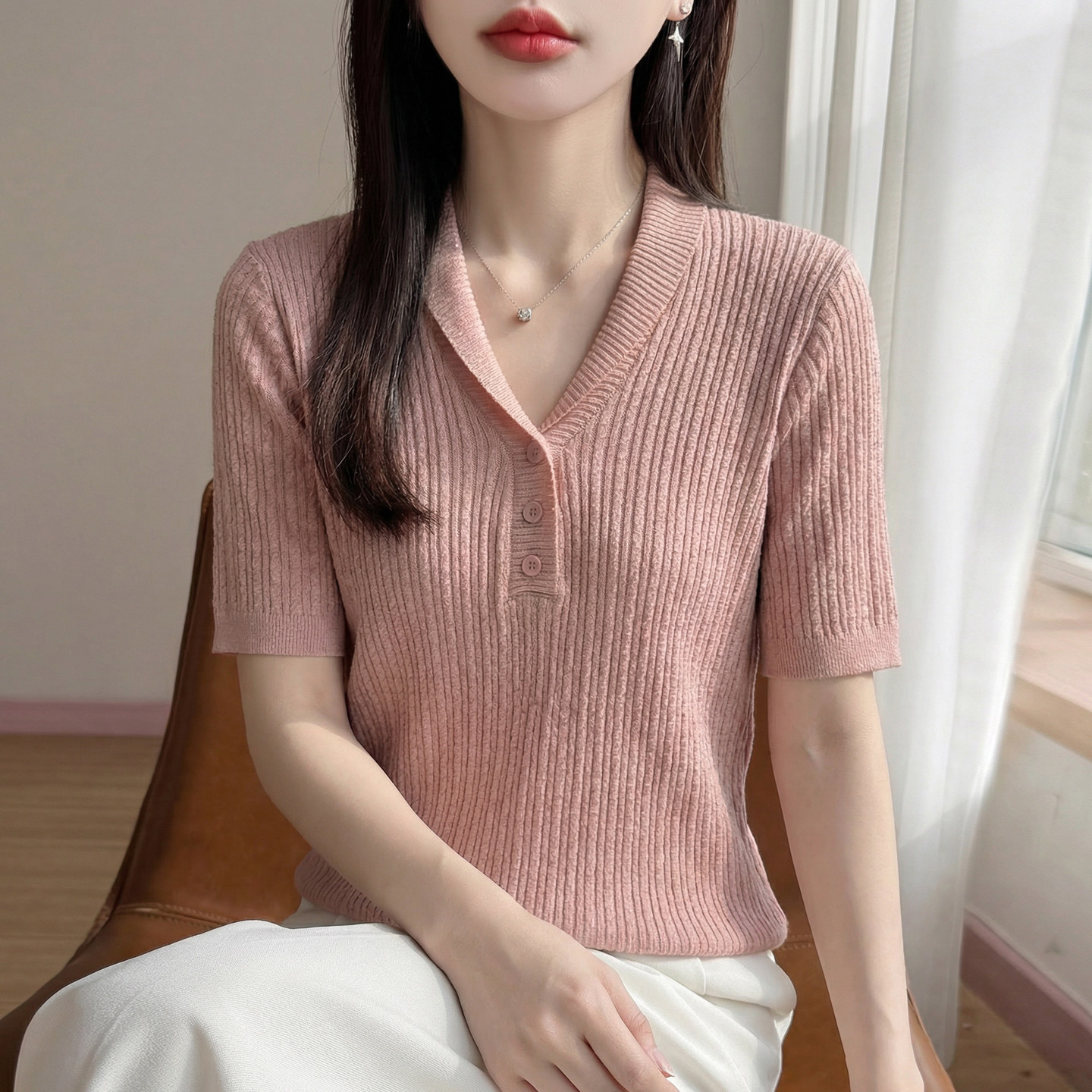 老钱风翻领麻花纹精纺羊毛衫针织短袖女士宽松半袖T恤打底衫上衣