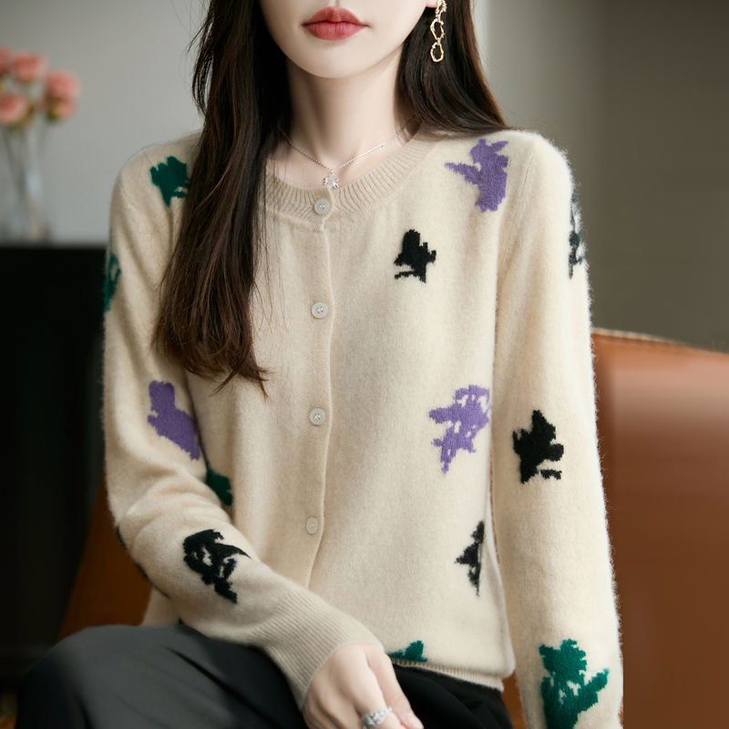 100%纯羊毛开衫女圆领卡通拼色提花针织毛衣外套宽松休闲羊毛上衣