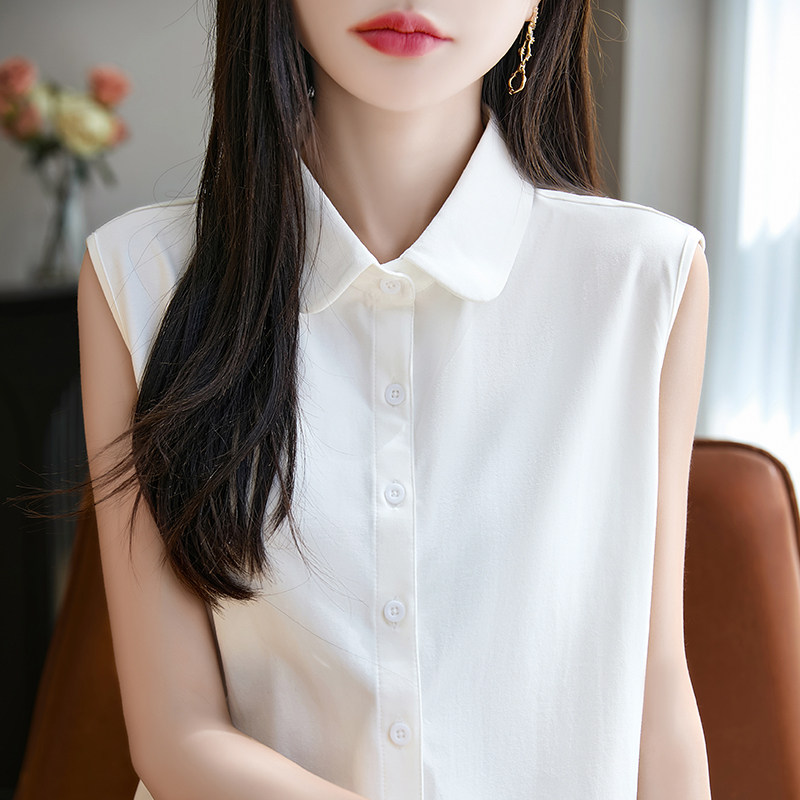 100%纯棉无袖背心开衫女夏季POLO领纯色内搭上衣全棉宽松西装打底