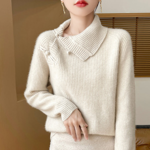 复古国风新中式100%纯羊绒衫女侧翻领盘扣针织毛衣宽松加厚羊毛衫