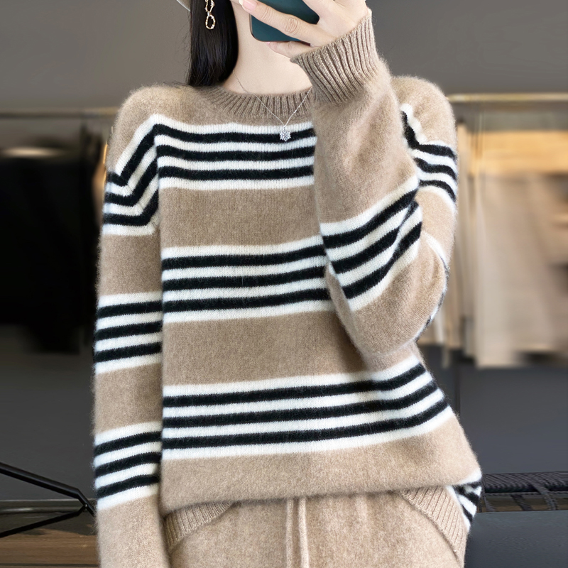100%纯羊毛衫女加厚圆领条纹撞色针织毛衣宽松保暖羊绒衫打底毛衣