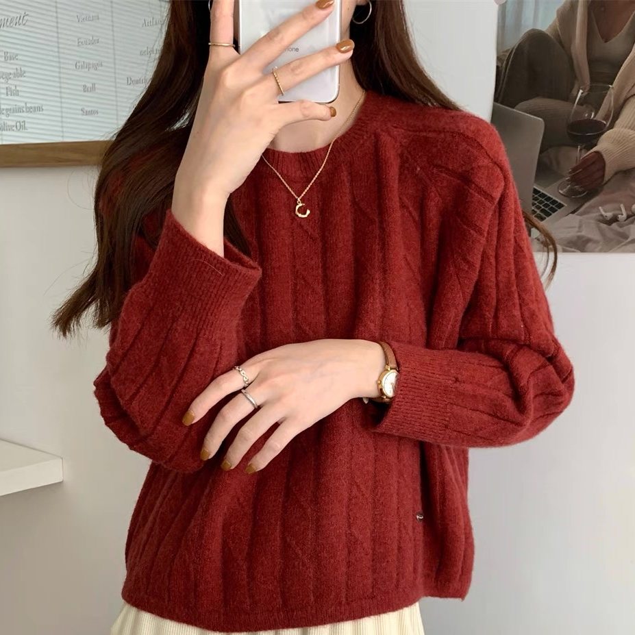 松弛感慵懒风圆领100%纯羊毛针织衫女红色麻花毛衣宽松羊绒衫打底