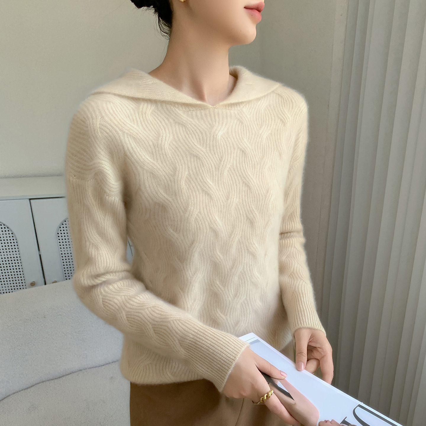 加厚绞花山羊绒衫针织帽衫女毛衣