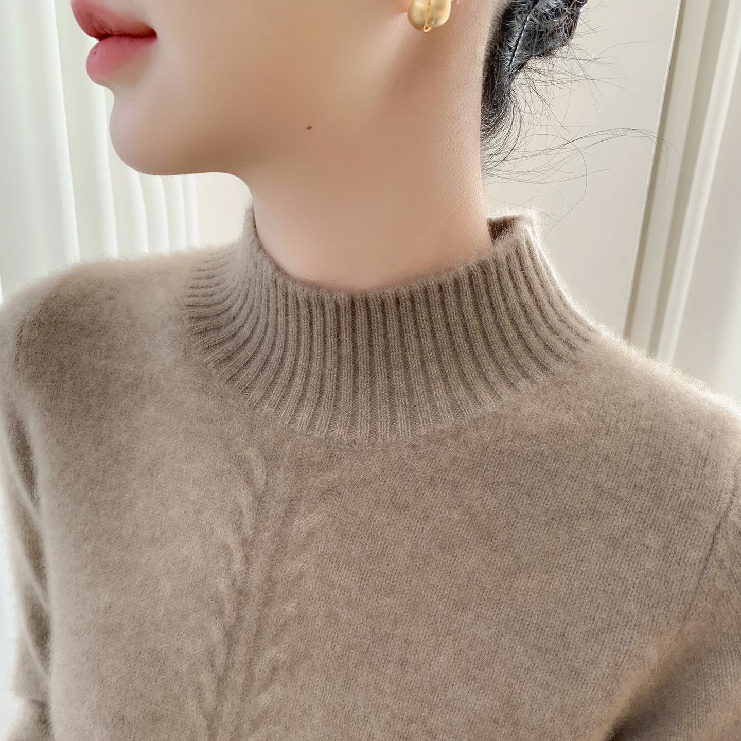 轻奢baby小山羊绒衫女半高领加厚绞花长袖毛衣宽松羊毛衫针织打底