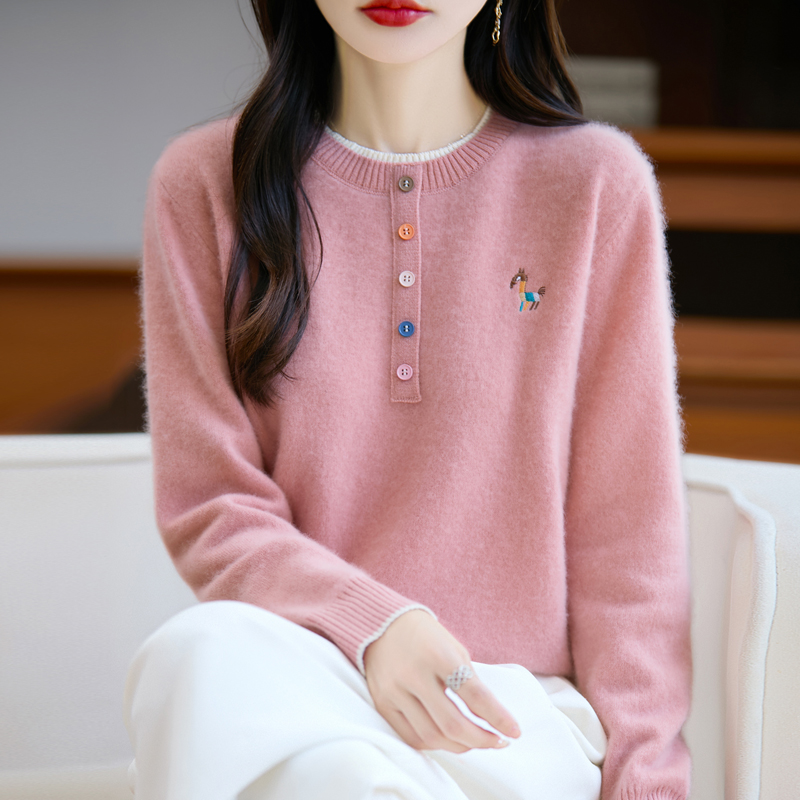 100%纯羊毛衫女拼色圆领刺绣小马