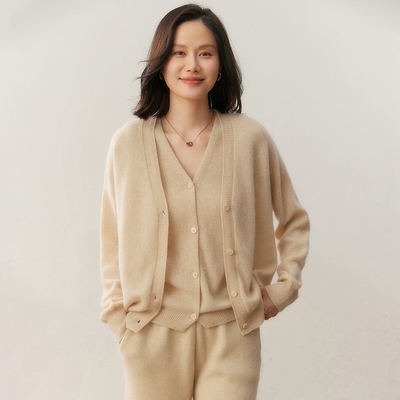 V领山羊绒开衫吊带两件套毛衣