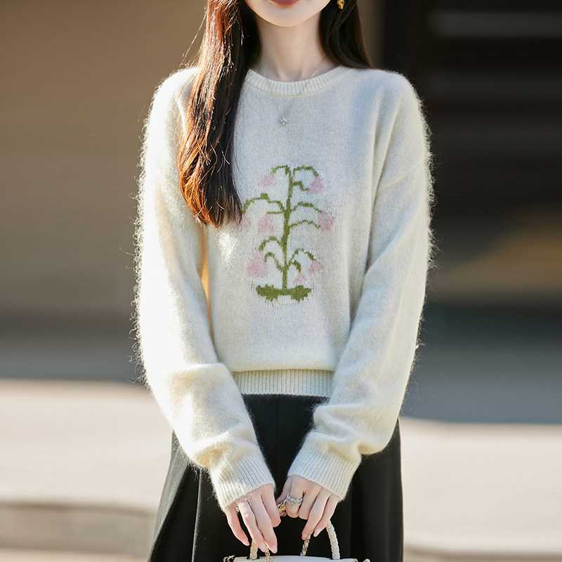甜美100%羊毛女圆领花朵毛衣打底