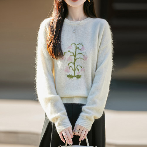 甜美100%羊毛女圆领花朵毛衣打底