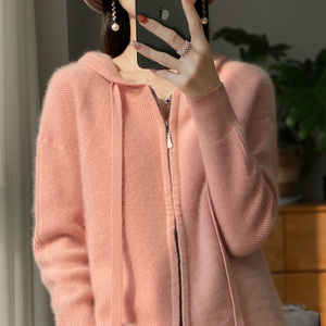 100%纯羊绒开衫女连帽双拉链宽松毛衣外套带帽羊毛衫针织卫衣帽衫