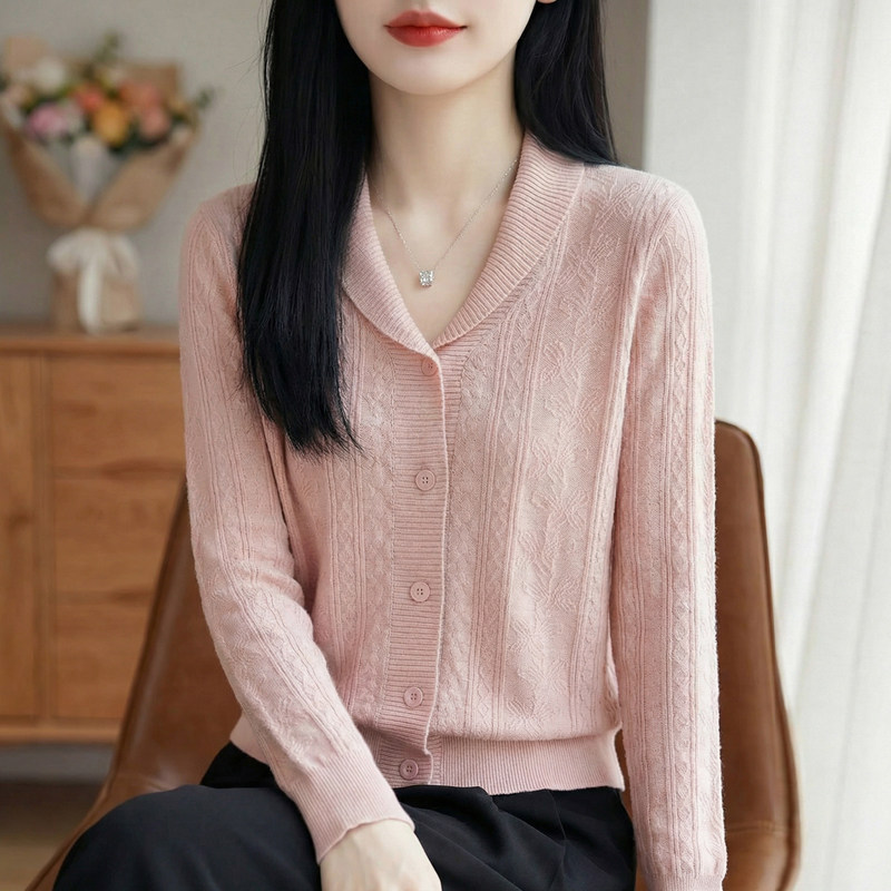 法式POLO翻领精纺羊毛针织开衫女提花长袖毛衣宽松羊绒衫外套上衣