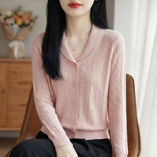 毛衣宽松羊绒衫 女提花长袖 外套上衣 POLO翻领精纺羊毛针织开衫 法式