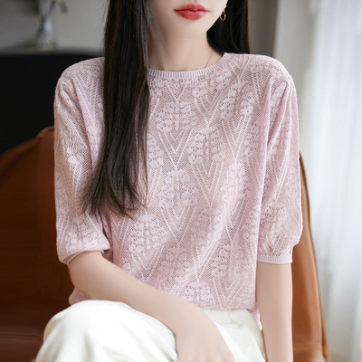 精纺羊毛衫五分袖女圆领镂空钩花