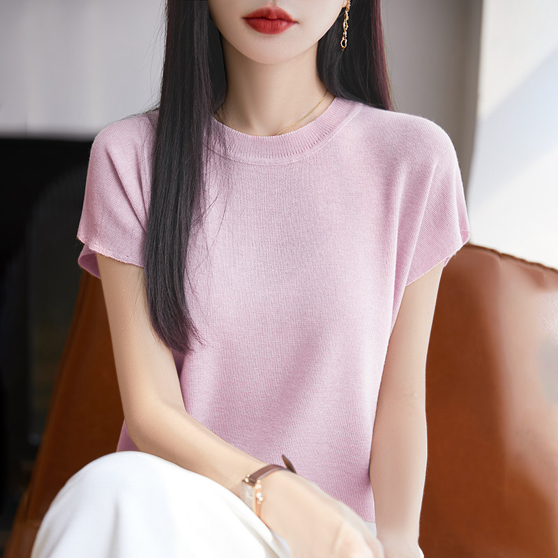 精纺羊毛针织短袖T恤女圆领纯色