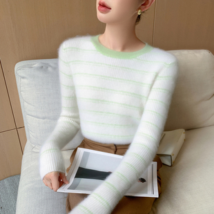 高级感baby小山羊绒衫女圆领条纹拼色针织毛衣宽松气质打底羊毛衫