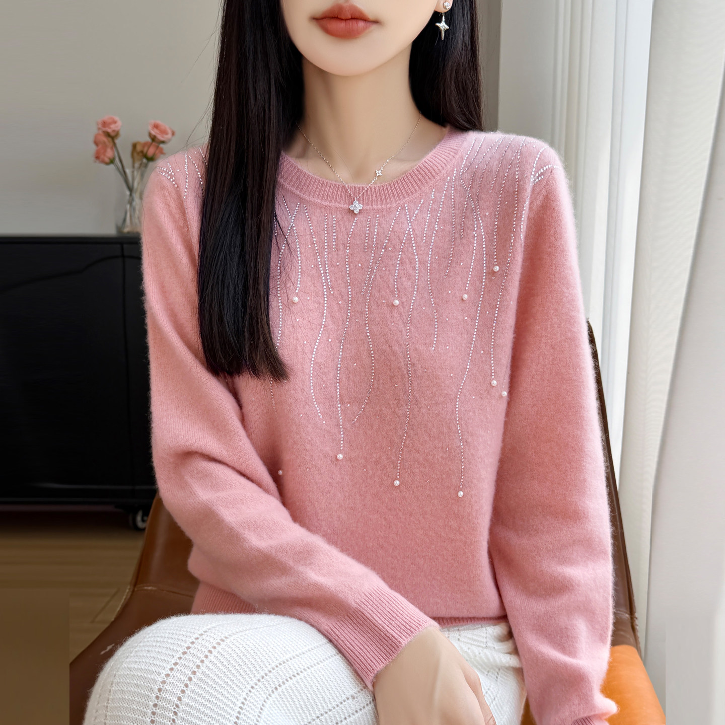 春秋精纺羊毛镶钻钉珠女毛衣打底