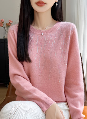 春秋精纺羊毛镶钻钉珠女毛衣打底