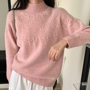半高领绞花加厚100%纯羊绒衫女插肩袖针织毛衣宽松慵懒羊毛衫打底