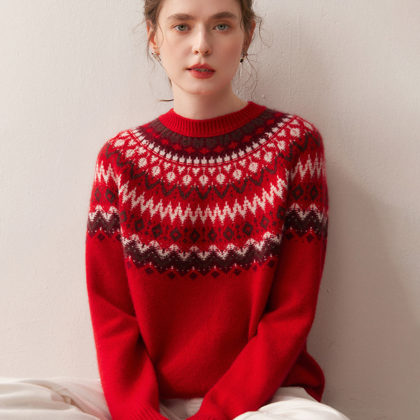 复古费尔岛提花拼色山羊绒衫女新年红色加厚针织毛衣宽松羊毛打底,女装/女士精品,羊绒衫,淘宝优惠券,粉丝福利购,淘宝优惠卷