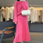 100%纯羊绒衫半身裙两件套女圆领扭花长袖毛衣裙宽松羊毛衫套装裙