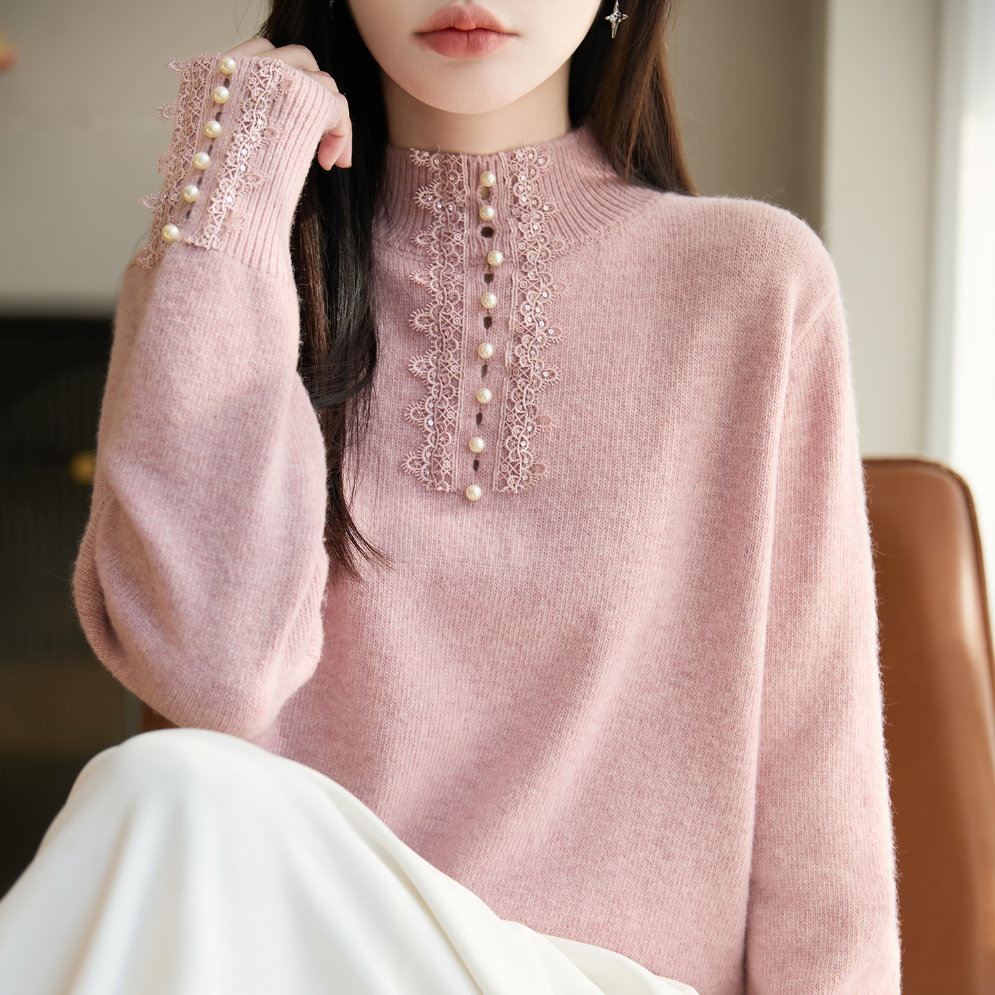 2025秋冬半高领精纺羊毛衫女蕾丝花边钉珠针织毛衣宽松气质打底衫
