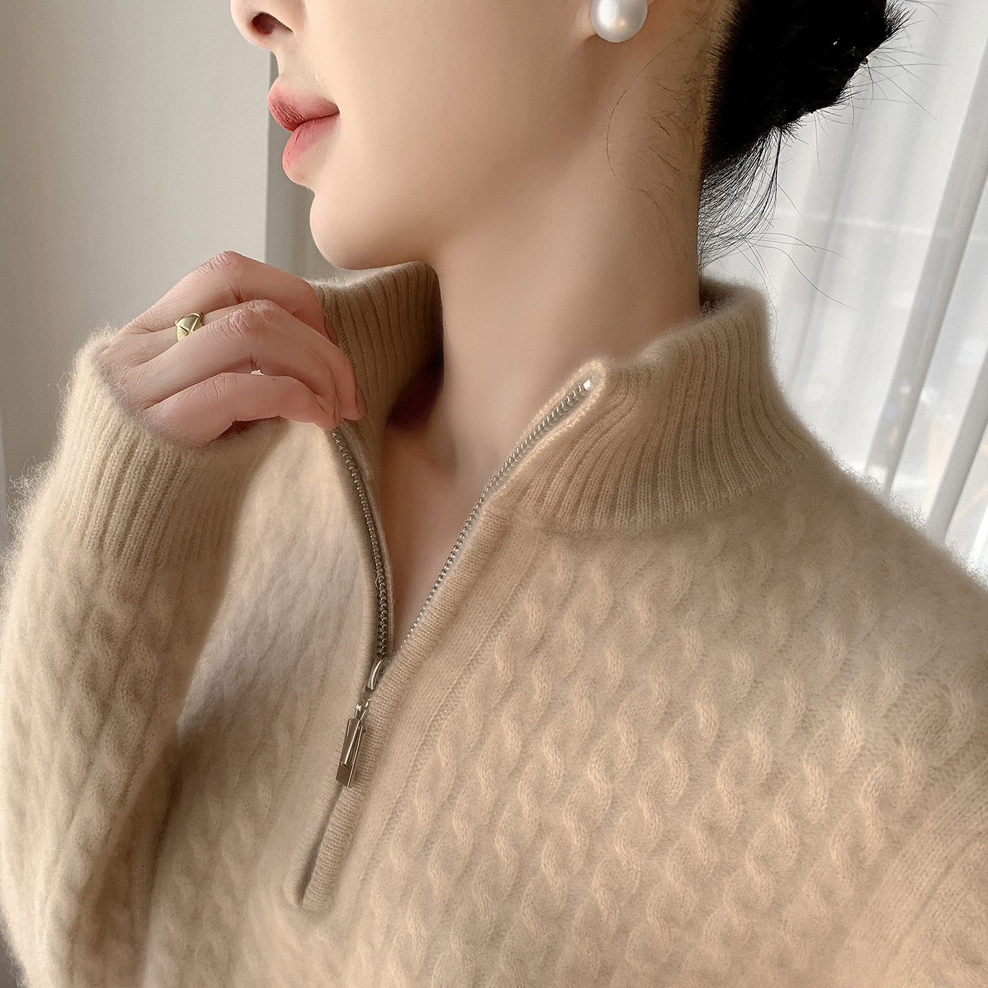 半高领拉链100%纯羊毛衫针织毛衣女加厚麻花上衣宽松羊绒衫打底衫