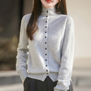 高级感拉绒100%纯羊毛开衫女卷边半高领纽扣针织毛衣宽松羊绒外套