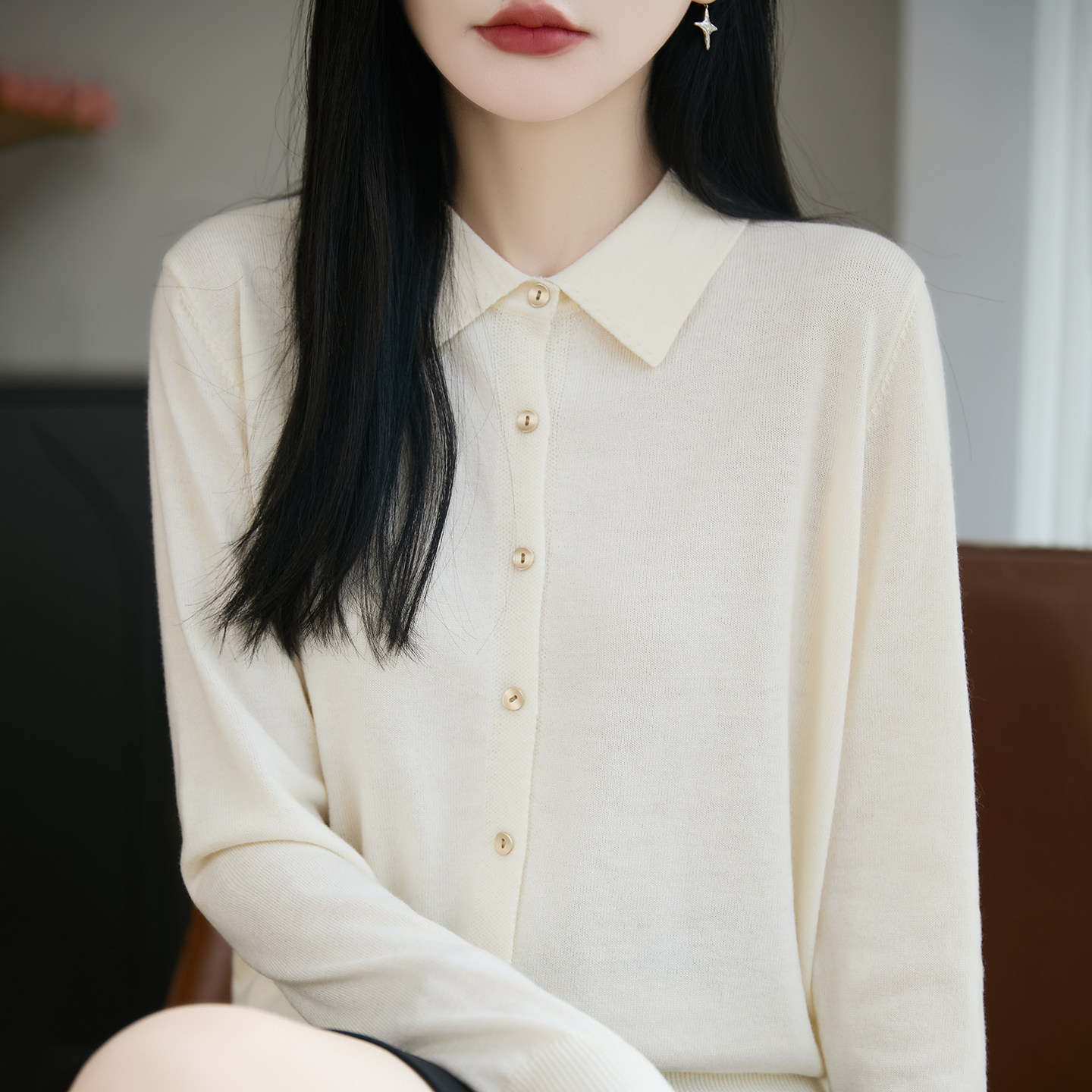 POLO领精纺羊毛开衫女纯色百搭长袖衬衫针织毛衣宽松羊绒外套上衣