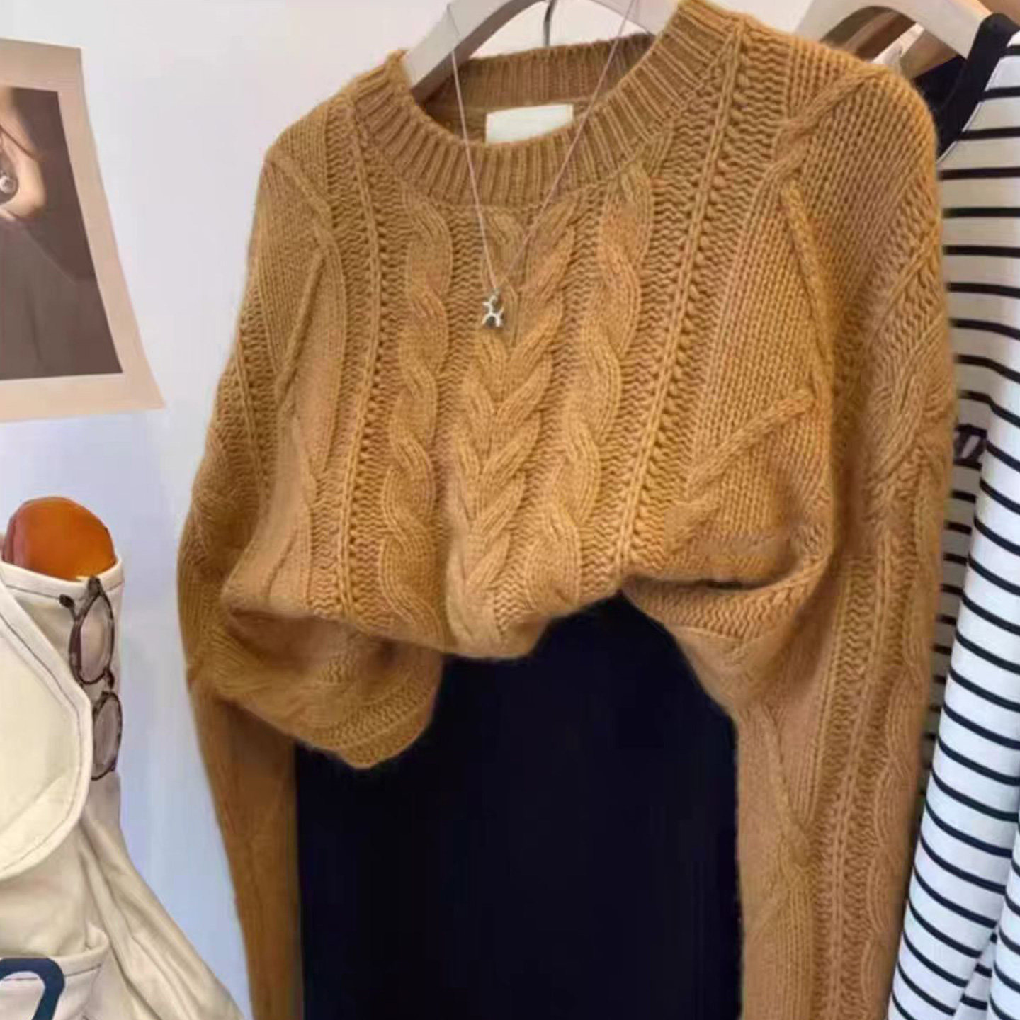 100%纯羊毛衫女圆领加厚绞花针织毛衣气质宽松百搭长袖羊绒衫打底