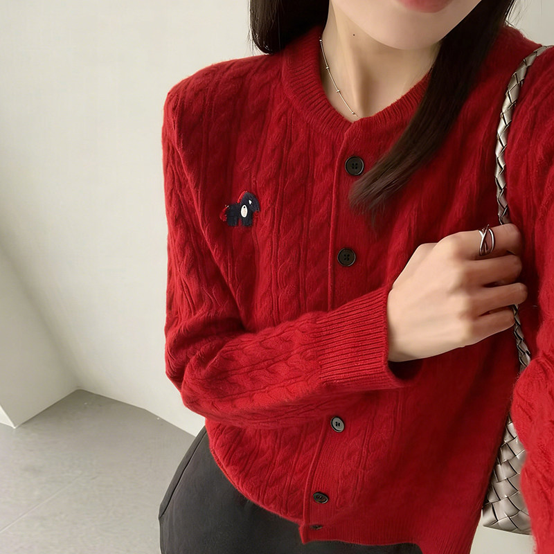 新年红小马刺绣100%纯羊毛开衫女宽松麻花加厚针织毛衣外套羊绒衫