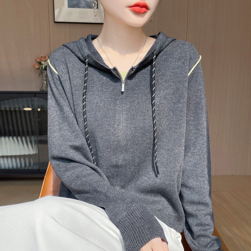 拼色双拉链精纺羊毛开衫女假两件连帽针织衫外套毛衣宽松帽衫上衣