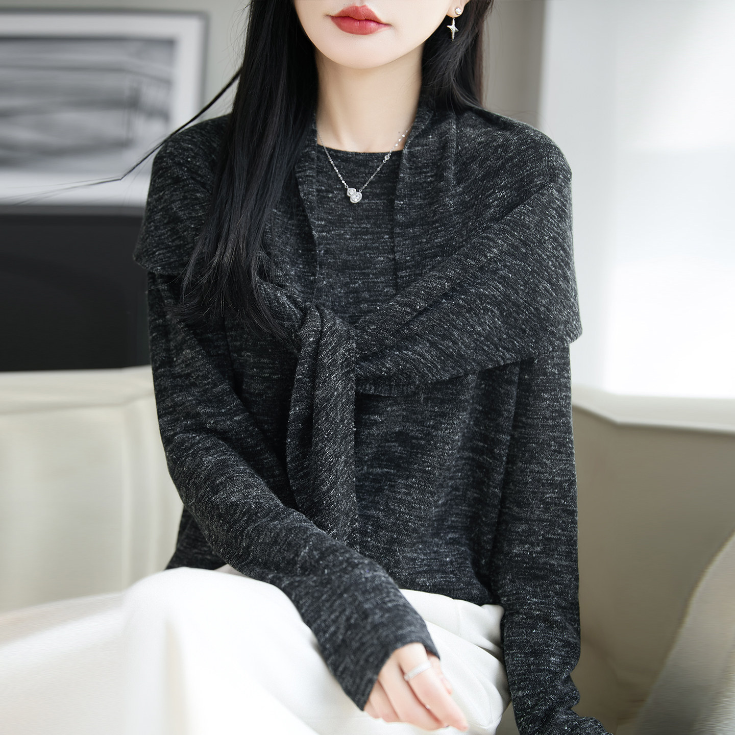 法式彩麻针织长袖披肩毛衣两件套