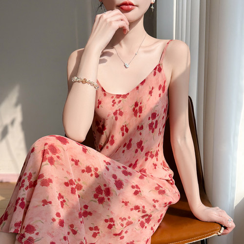 夏季乔其纱V领碎花吊带连衣裙